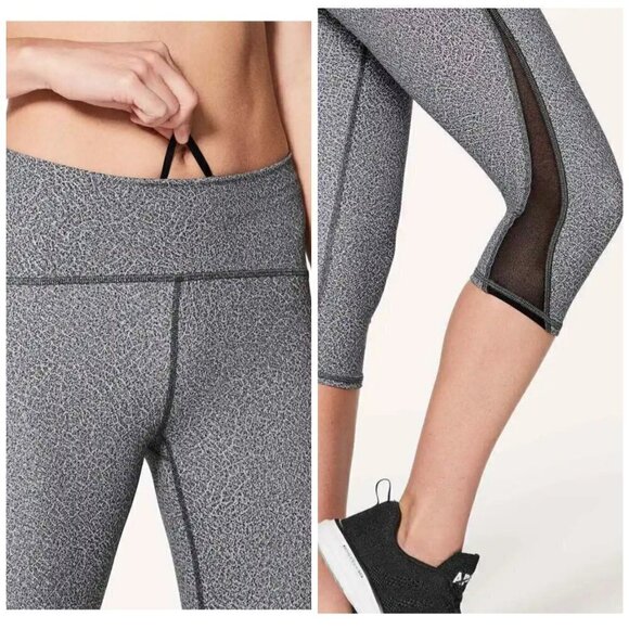 LULULEMON train times Black and white Speckled Mesh details Crop Leggings Size 4 - Picture 2 of 12
